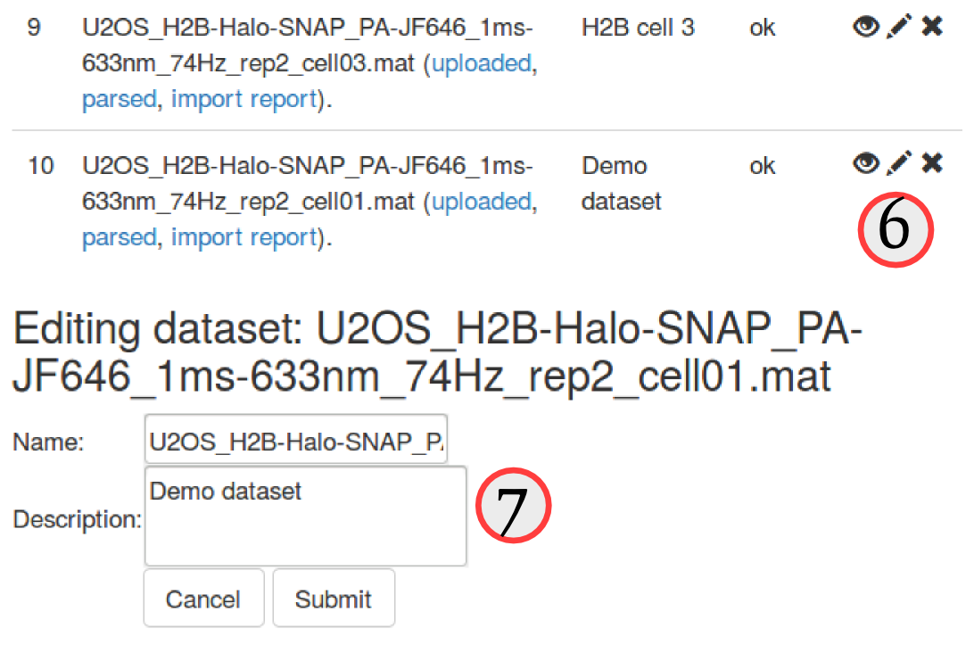 Screenshot: Editing the description of datasets.